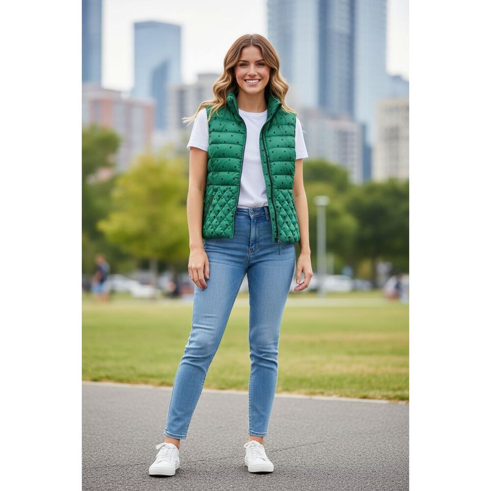 Talbots Kelly green navy blue polka dot down filled quilted vest sz medium